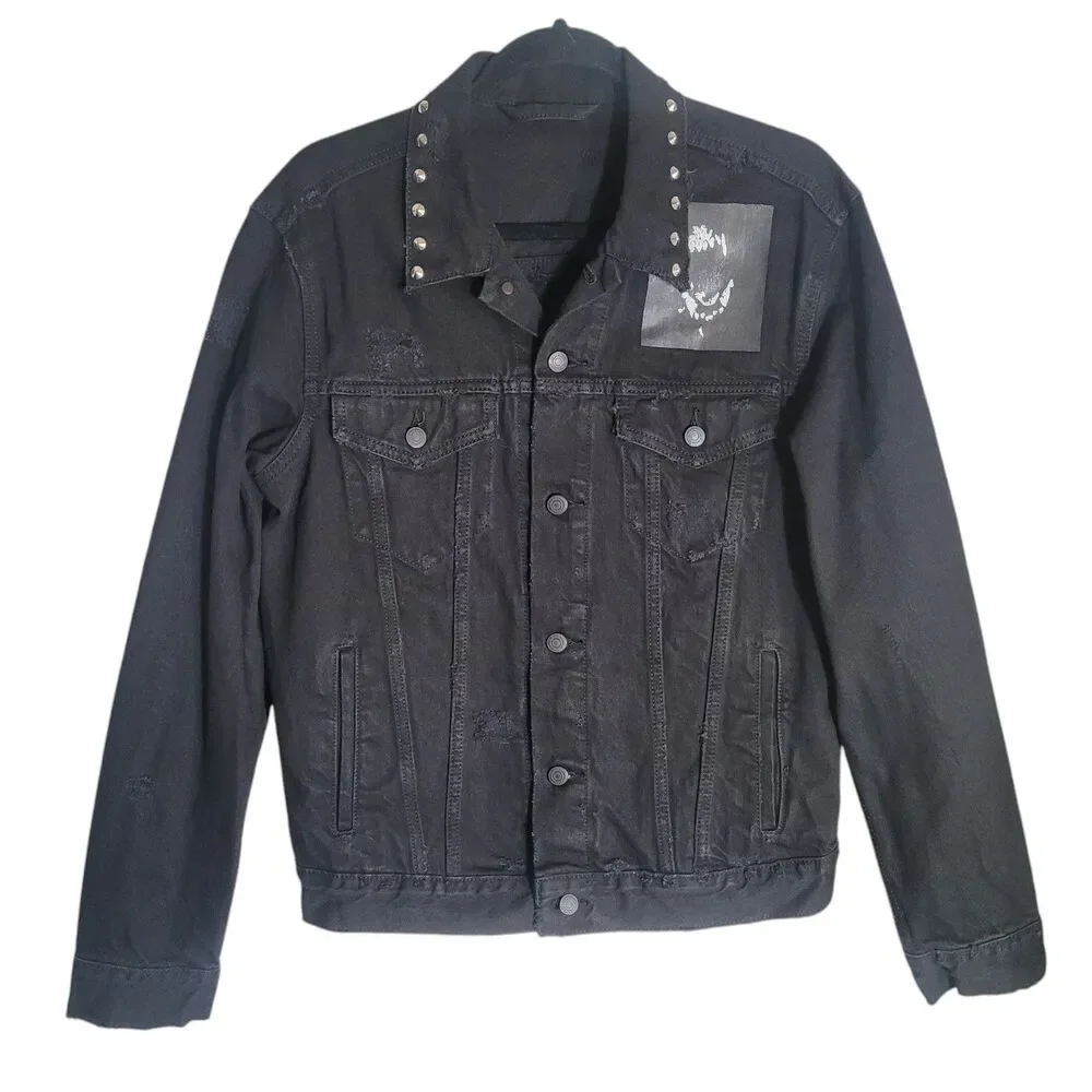 Keiser Clark Studded Distressed Denim Jacket Mens Size Medium Black Goth Graphic